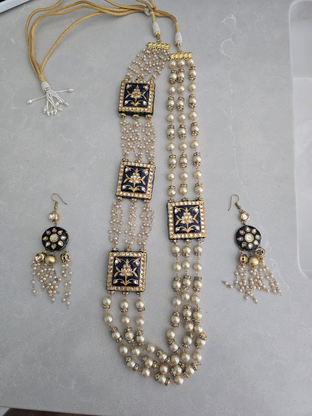 Gold and Navy Pearl Kundan Necklace Set with Earrings